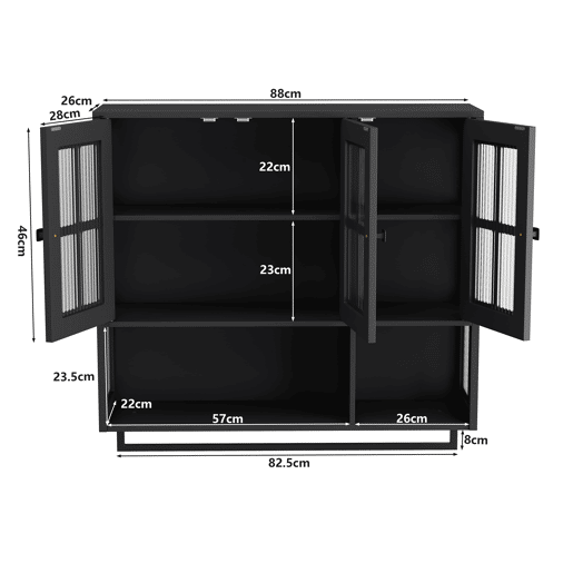 Armário de casa de banho 88 cm - 3 portas, arrumação aberta e oculta, porta de vidro, barra para toalhas - Preto