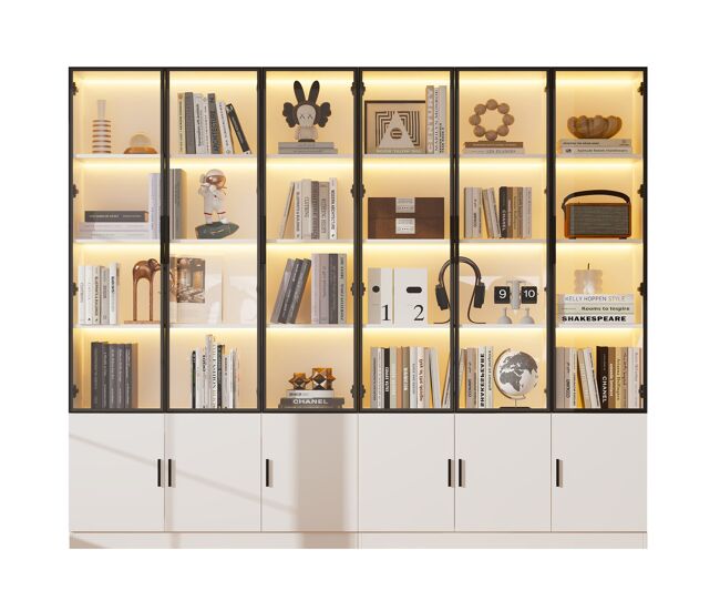 Vitrina 240x32x200 cm - con led y 12 puertas, alta - blanca