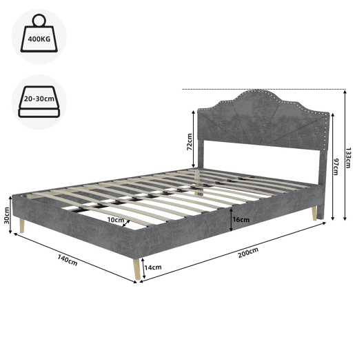 Cama estofada 140x200 - cabeceira macia e confortável, estrutura baixa - cinzenta