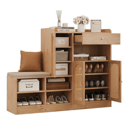 Sapateira com banco 142x35x110 cm - 3 portas de rattan, 1 gaveta, assento almofadado - Natural Sapateira com banco 142x35x110 cm - 3 portas de rattan, 1 gaveta, assento almofadado - Natural