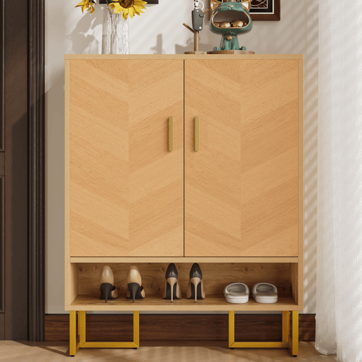 Sapateira com 2 portas - Design moderno minimalista, madeira única, moldura dourada - Natural