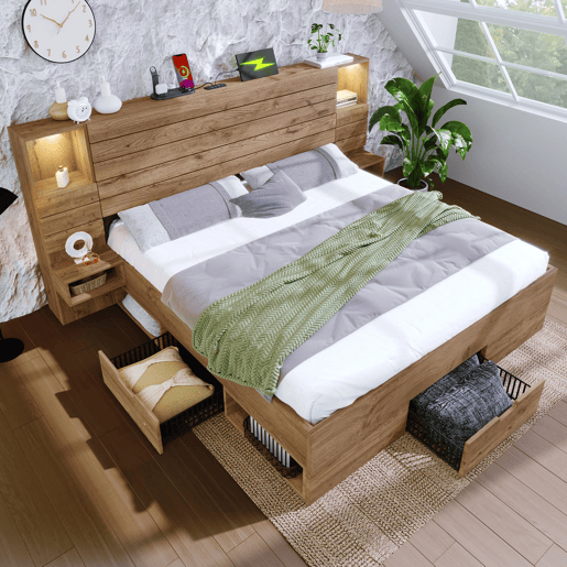 Cama de casal 160x200 cm - LED, USB Type-C, mesas de cabeceira suspensas, arrumação - Carvalho