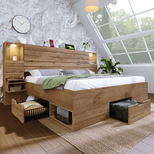 Cama de casal 160x200 cm - LED, USB Type-C, mesas de cabeceira suspensas, arrumação - Carvalho