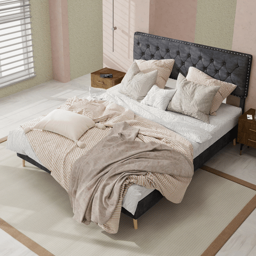 Cama minimalista moderna e suave 140x200 - cabeceira confortável, base baixa - cinzenta