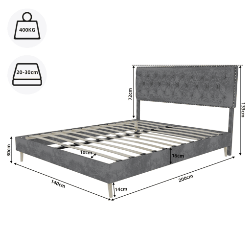 Cama minimalista moderna e suave 140x200 - cabeceira confortável, base baixa - cinzenta