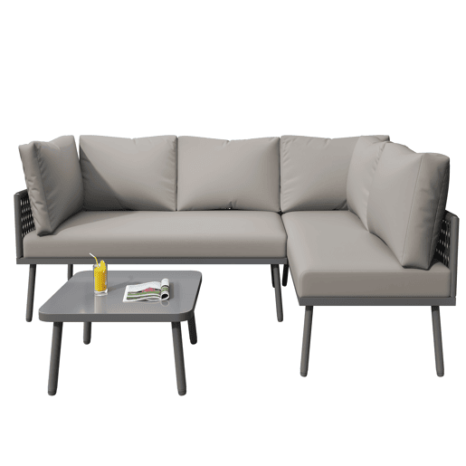 Conjunto de jardim L - Móveis de ferro com corda cinzenta, 2 sofás e 1 mesa - Cinza