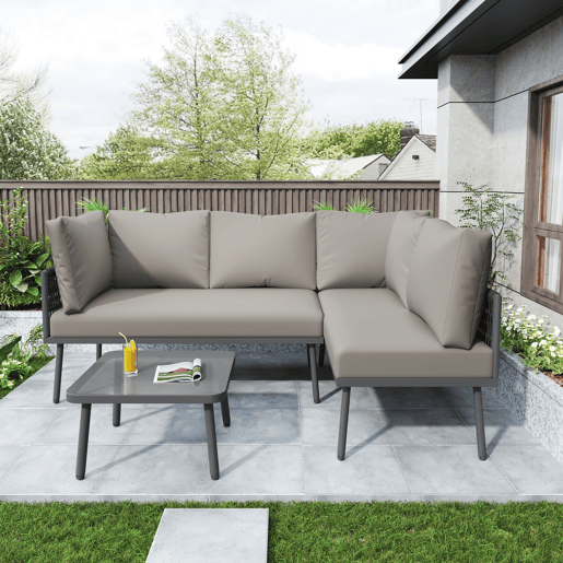 Conjunto de jardim L - Móveis de ferro com corda cinzenta, 2 sofás e 1 mesa - Cinza