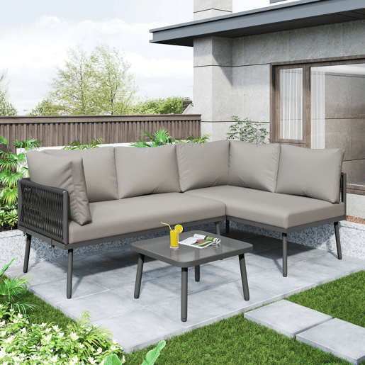 Conjunto de jardim L - Móveis de ferro com corda cinzenta, 2 sofás e 1 mesa - Cinza