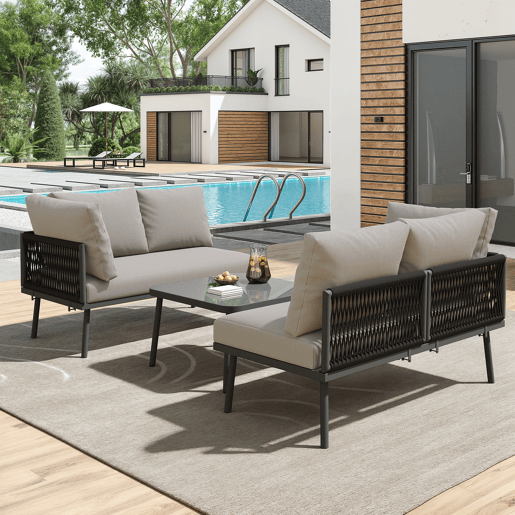 Conjunto de jardim L - Móveis de ferro com corda cinzenta, 2 sofás e 1 mesa - Cinza
