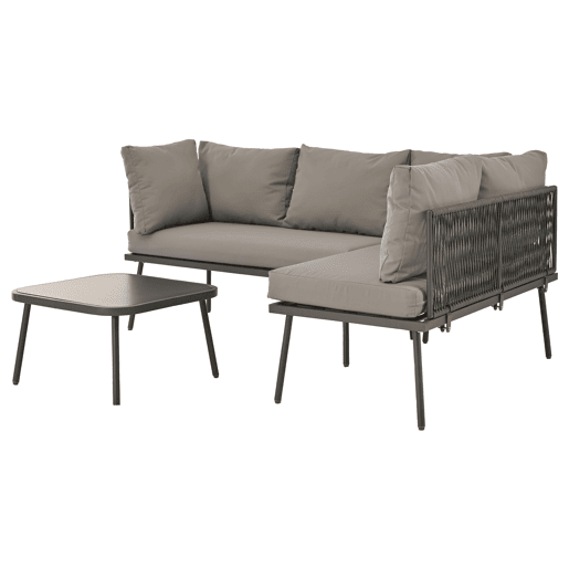 Conjunto de jardim L - Móveis de ferro com corda cinzenta, 2 sofás e 1 mesa - Cinza