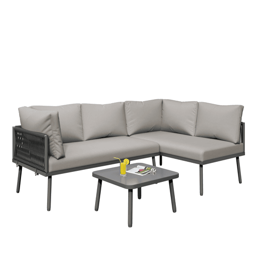 Conjunto de jardim L - Móveis de ferro com corda cinzenta, 2 sofás e 1 mesa - Cinza