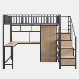 Cama alta metálica 140x200 cm - Secretária, estante, armário, gavetas, LED, Preto