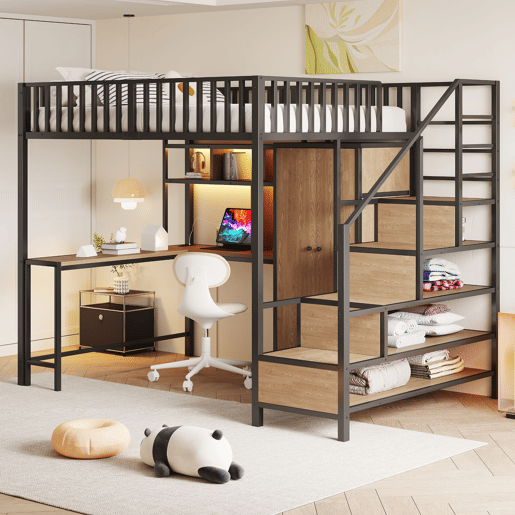 Cama alta metálica 140x200 cm - Secretária, estante, armário, gavetas, LED, Preto