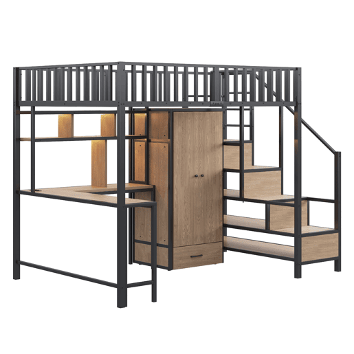 Cama alta metálica 140x200 cm - Secretária, estante, armário, gavetas, LED, Preto