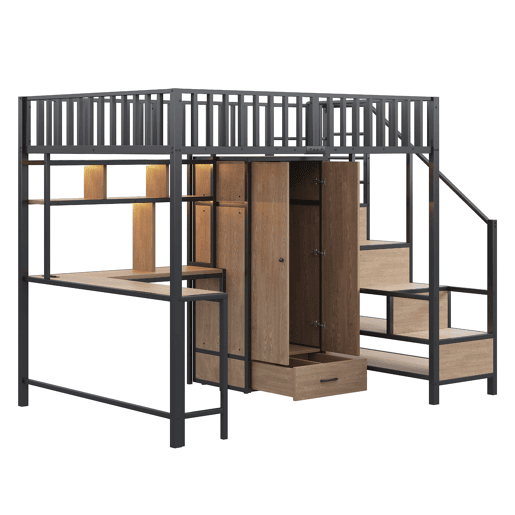 Cama alta metálica 140x200 cm - Secretária, estante, armário, gavetas, LED, Preto