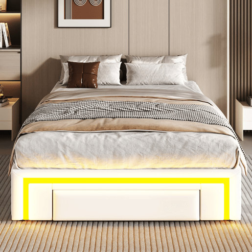 Cama 90x200 - com gavetas, sem cabeceira, LED, plataforma metálica, PU - Branco