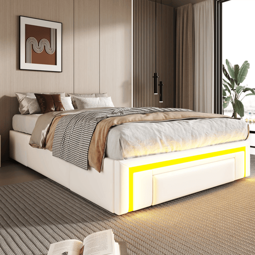 Cama 90x200 - com gavetas, sem cabeceira, LED, plataforma metálica, PU - Branco