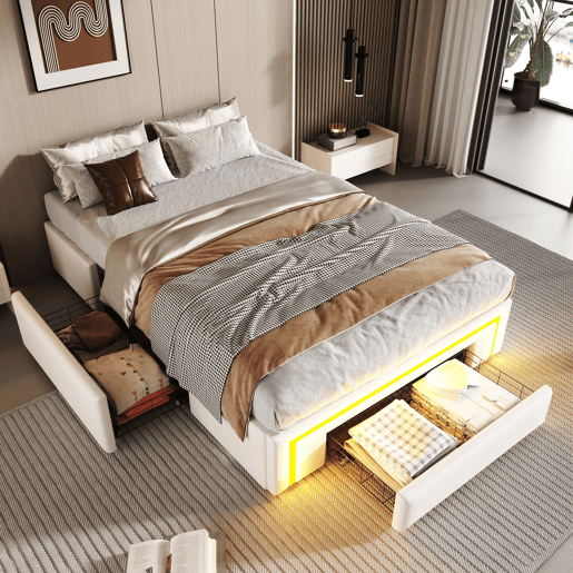 Cama 90x200 - com gavetas, sem cabeceira, LED, plataforma metálica, PU - Branco