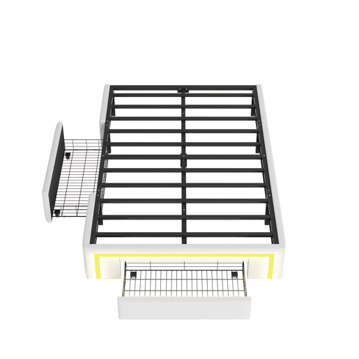 Cama 90x200 - com gavetas, sem cabeceira, LED, plataforma metálica, PU - Branco
