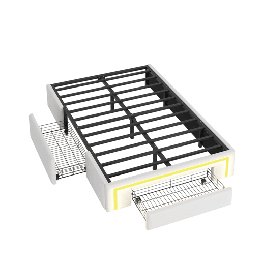 Cama 90x200 - com gavetas, sem cabeceira, LED, plataforma metálica, PU - Branco