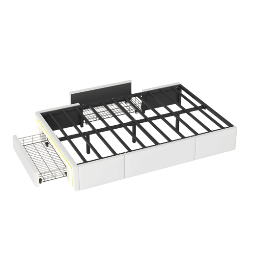Cama 90x200 - com gavetas, sem cabeceira, LED, plataforma metálica, PU - Branco