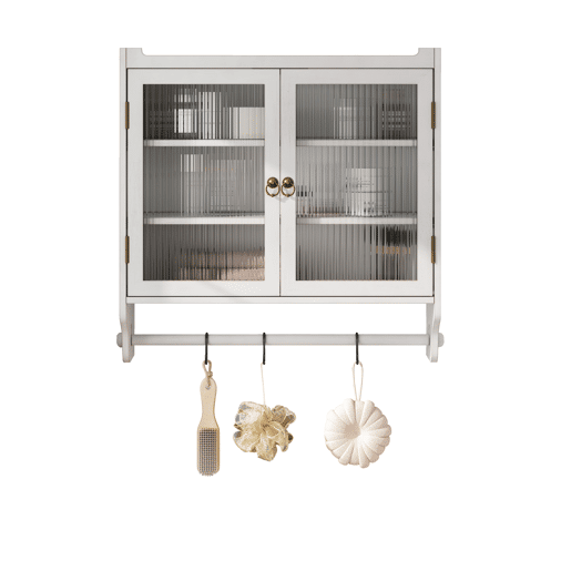 Armário de parede com porta de vidro 60 cm - Porta dupla, 3 prateleiras, toalheiro - Branco lavado