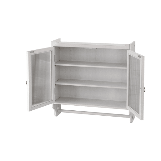 Armário de parede com porta de vidro 60 cm - Porta dupla, 3 prateleiras, toalheiro - Branco lavado