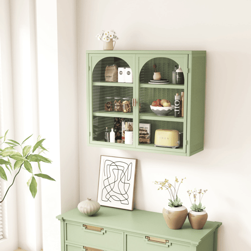Armário de parede 70 cm - Portas de vidro, 3 níveis de armazenamento, padrão trançado - Verde