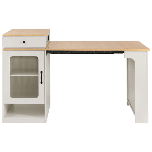 Ilha de cozinha com rodas - Mesa extensível com tampo removível - Barra com tomadas - Branco e Natural