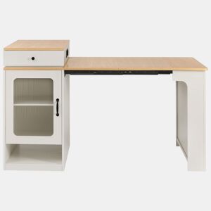 Ilha de cozinha com rodas - Mesa extensível com tampo removível - Barra com tomadas - Branco e Natural