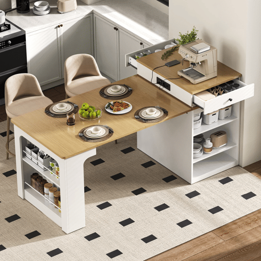 Ilha de cozinha com rodas - Mesa extensível com tampo removível - Barra com tomadas - Branco e Natural