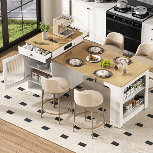 Ilha de cozinha com rodas - Mesa extensível com tampo removível - Barra com tomadas - Branco e Natural