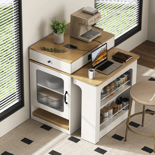 Ilha de cozinha com rodas - Mesa extensível com tampo removível - Barra com tomadas - Branco e Natural