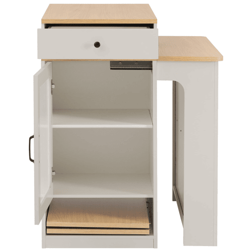 Ilha de cozinha com rodas - Mesa extensível com tampo removível - Barra com tomadas - Branco e Natural