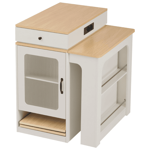 Ilha de cozinha com rodas - Mesa extensível com tampo removível - Barra com tomadas - Branco e Natural