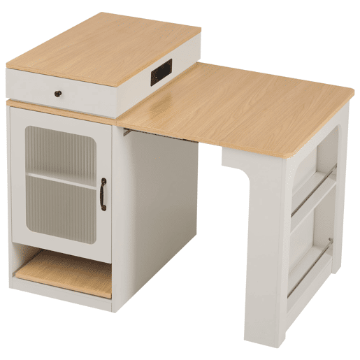 Ilha de cozinha com rodas - Mesa extensível com tampo removível - Barra com tomadas - Branco e Natural