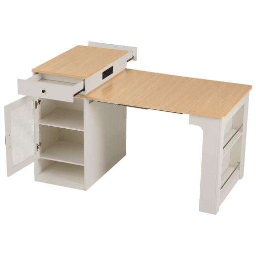 Ilha de cozinha com rodas - Mesa extensível com tampo removível - Barra com tomadas - Branco e Natural