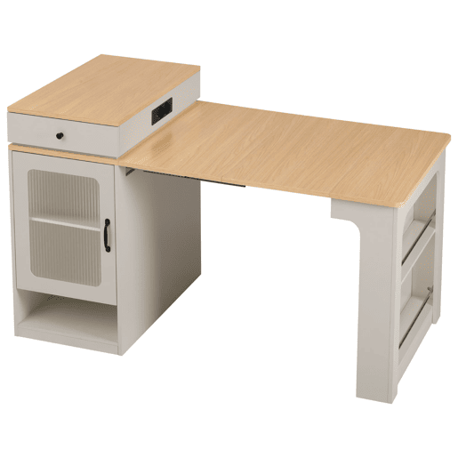Ilha de cozinha com rodas - Mesa extensível com tampo removível - Barra com tomadas - Branco e Natural