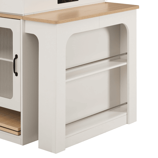 Ilha de cozinha com rodas - Mesa extensível com tampo removível - Barra com tomadas - Branco e Natural