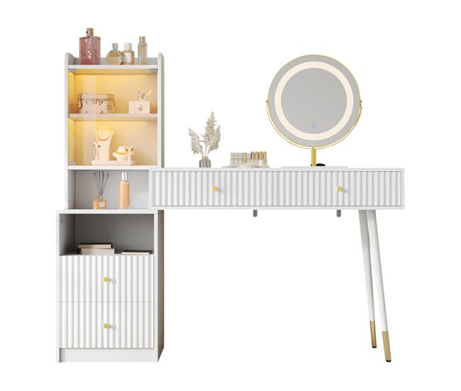 Tocador 100x40x125 cm - led tricolor, 4 cajones, armario con luz y estante abierto - blanco