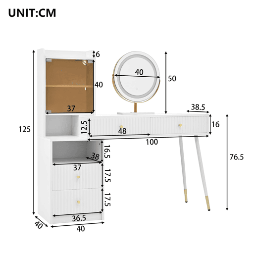 Penteadeira 100x40x125 cm - LED tricolor, 4 gavetas, armário com luz e prateleira aberta - Branco Penteadeira 100x40x125 cm - LED tricolor, 4 gavetas, armário com luz e prateleira aberta - Branco