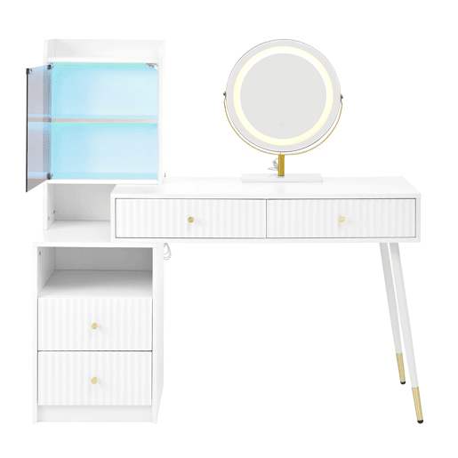 Penteadeira 100x40x125 cm - LED tricolor, 4 gavetas, armário com luz e prateleira aberta - Branco Penteadeira 100x40x125 cm - LED tricolor, 4 gavetas, armário com luz e prateleira aberta - Branco