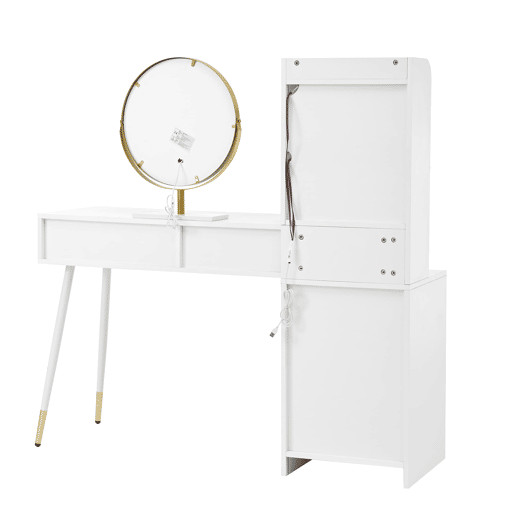 Penteadeira 100x40x125 cm - LED tricolor, 4 gavetas, armário com luz e prateleira aberta - Branco Penteadeira 100x40x125 cm - LED tricolor, 4 gavetas, armário com luz e prateleira aberta - Branco