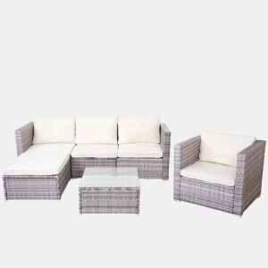 Conjunto de móveis de jardim em rattan sintético para jardim terraço e varanda com poltronas sofá mesa cinza almofadas creme 04_0004179