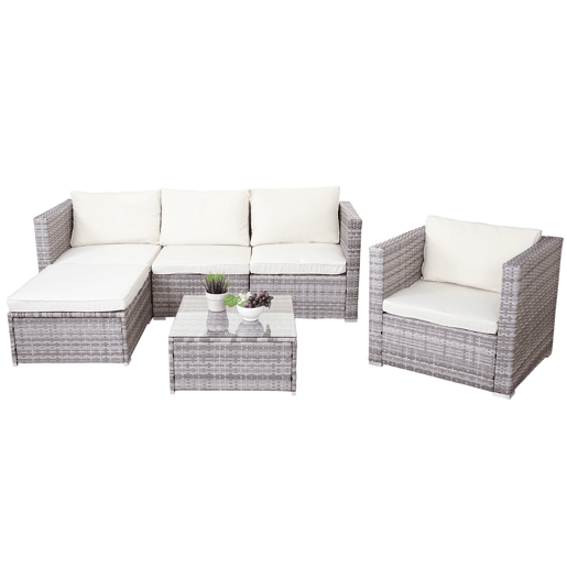 Conjunto de móveis de jardim em rattan sintético para jardim terraço e varanda com poltronas sofá mesa cinza almofadas creme 04_0004179