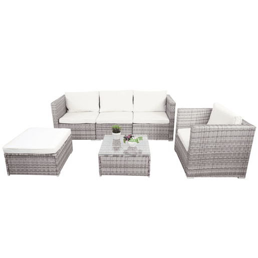 Conjunto de móveis de jardim em rattan sintético para jardim terraço e varanda com poltronas sofá mesa cinza almofadas creme 04_0004179