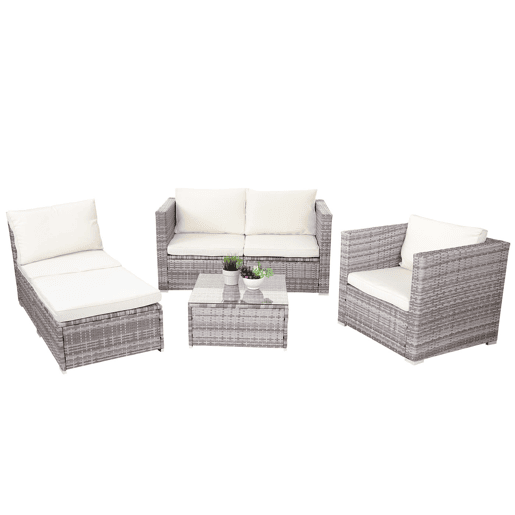Conjunto de móveis de jardim em rattan sintético para jardim terraço e varanda com poltronas sofá mesa cinza almofadas creme 04_0004179