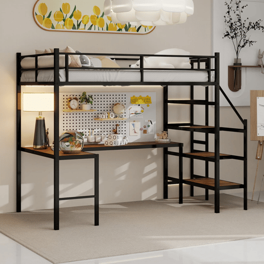 Cama alta com secretária em L - grande capacidade de arrumação, prateleira, estrutura resistente, preta