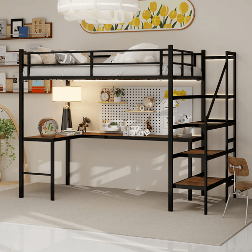 Cama alta com secretária em L - grande capacidade de arrumação, prateleira, estrutura resistente, preta