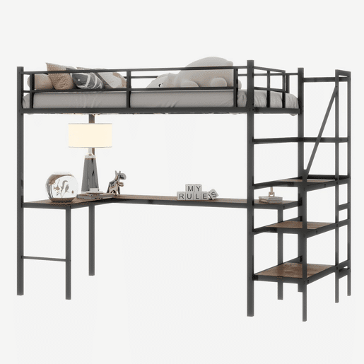 Cama alta com secretária em L - grande capacidade de arrumação, prateleira, estrutura resistente, preta